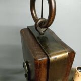 Medieval 2-light chandelier ~ hammered and patinated wrought iron ~ oak ~ 60s ~ France