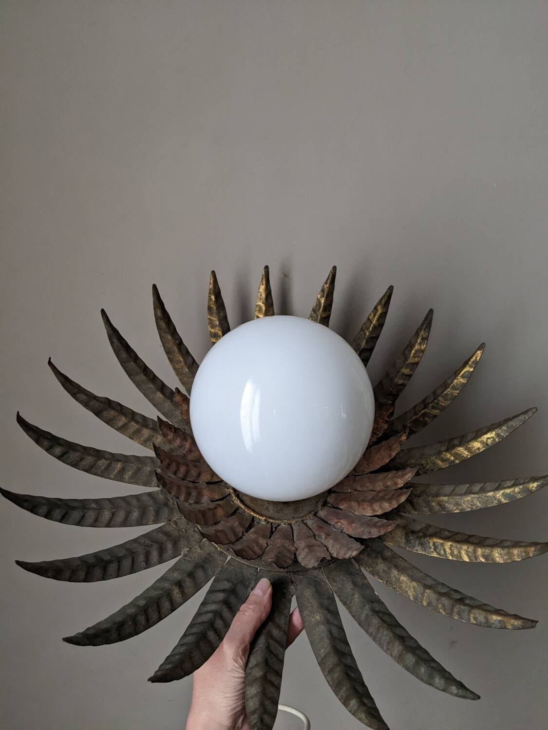 Vintage retro ceiling light, gold metal, sunburst