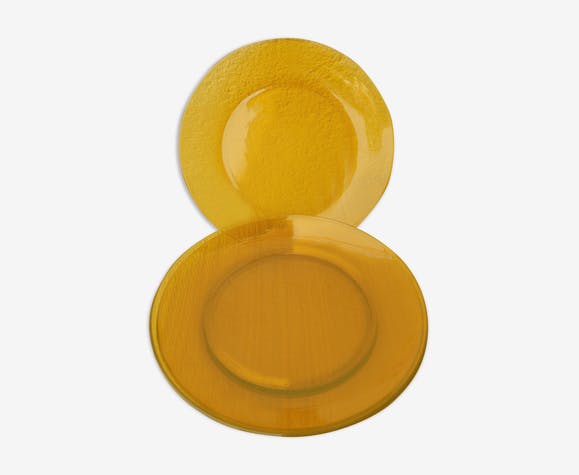 Set of 4 amber glass flat plates, 70s