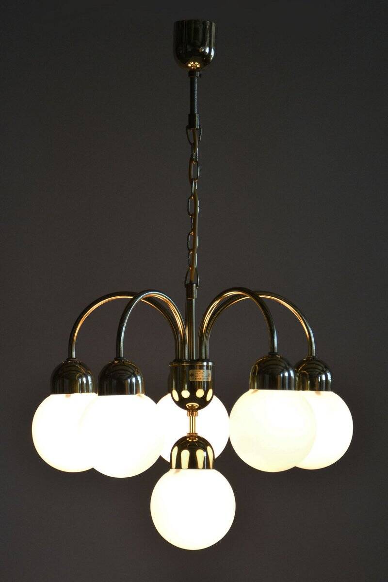 Mid-Century Chandelier in Brass and Opaline Glass, Czech, 1950s