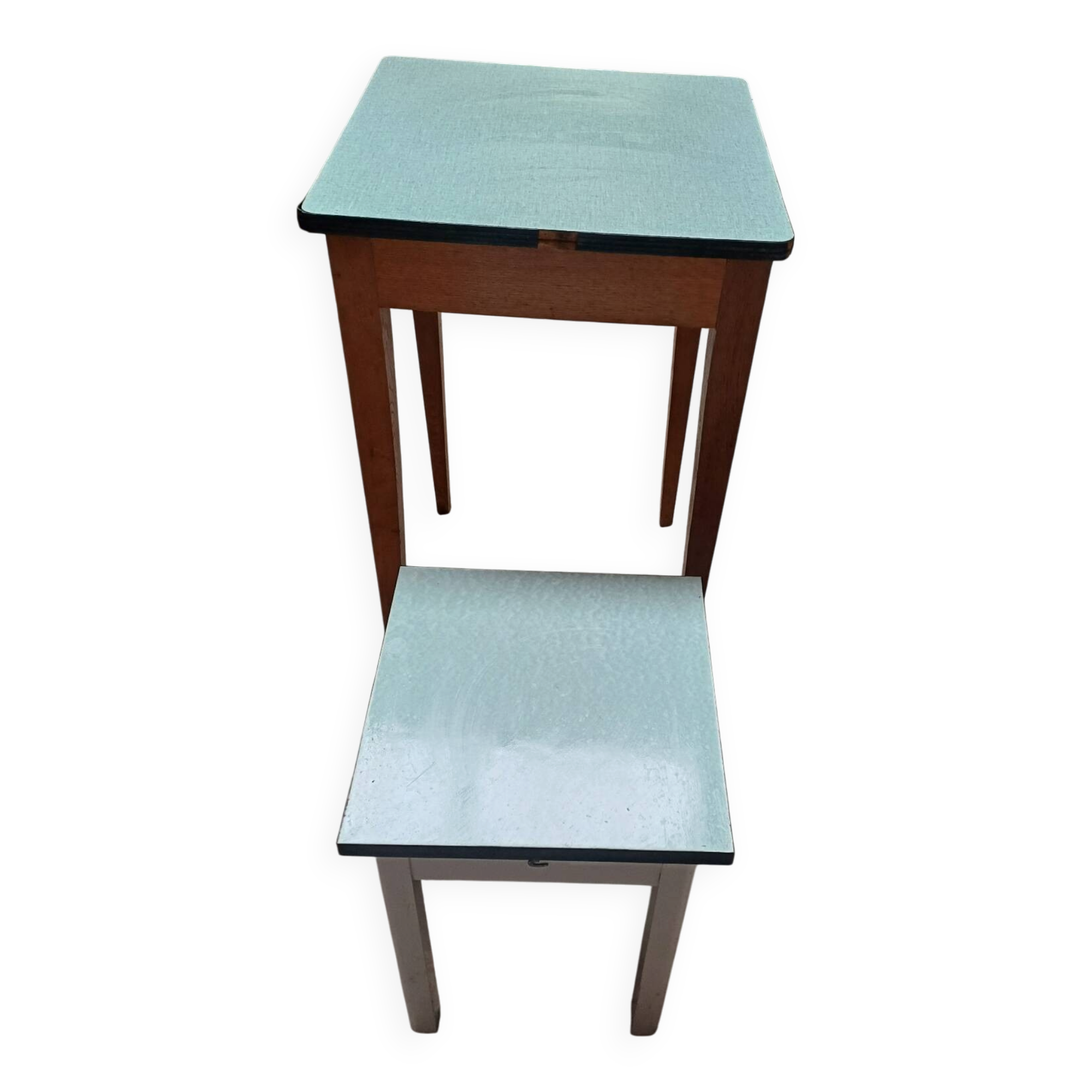 Formica table with tapered wooden legs + stool