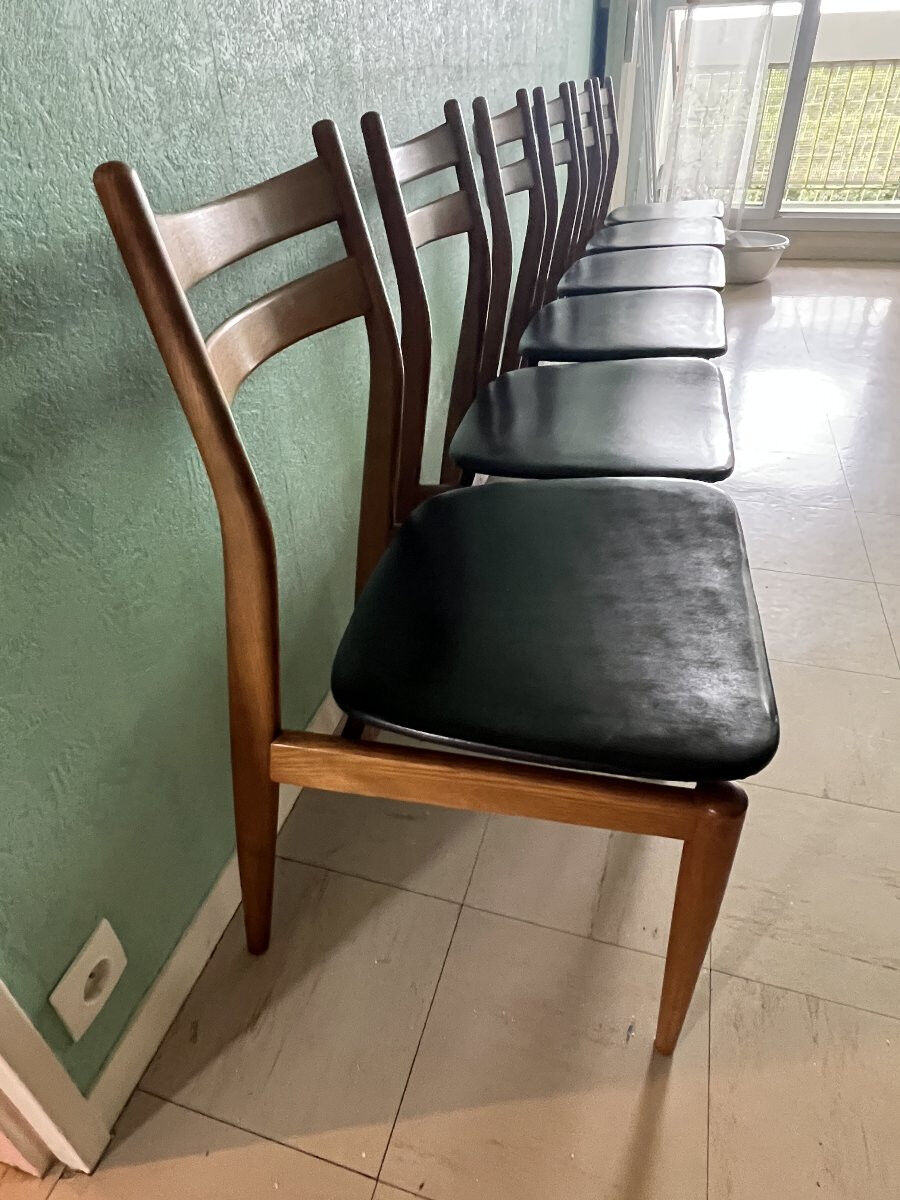 Set of six vintage scandinavian chairs. black faux leather seat, eros edition from around 1960.
