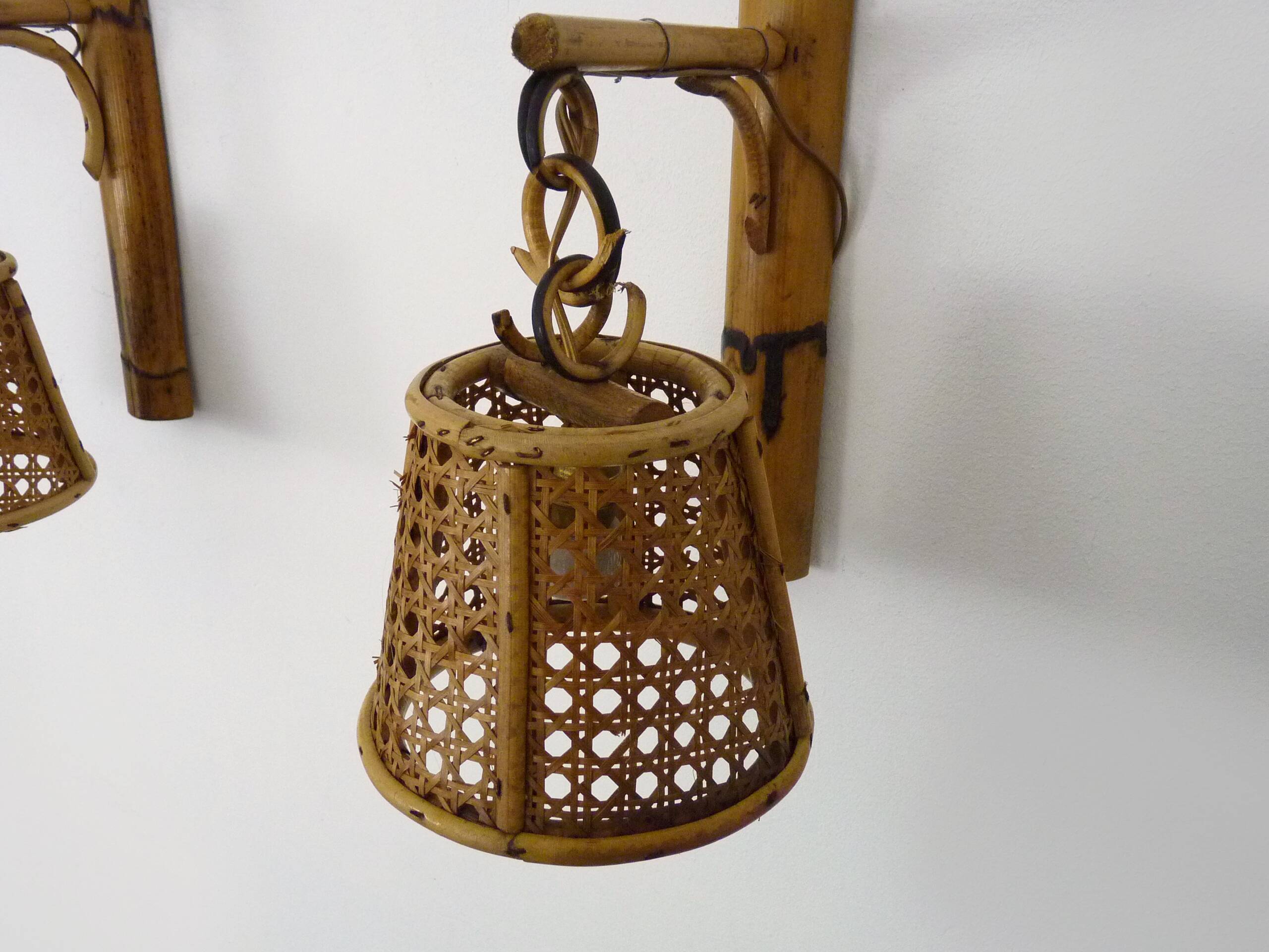 Pair of rattan and cane lantern wall lights. 1950s-1960s