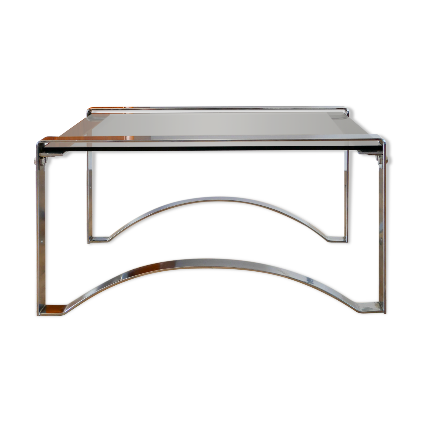 Rectangular coffee table in chrome and smoked glass, arched legs, Space Age, Design, 1970