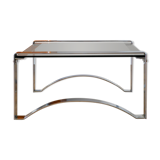 Rectangular coffee table in chrome and smoked glass, arched legs, Space Age, Design, 1970