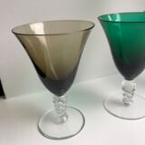Set of 4 colored wine glasses feet worked 50s