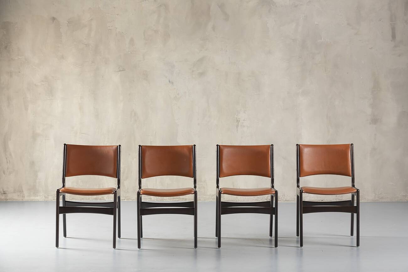 Model 89 Teak And Leather Chairs Erik Buch For Pol Dinesen, Denmark, 1960's set of 4