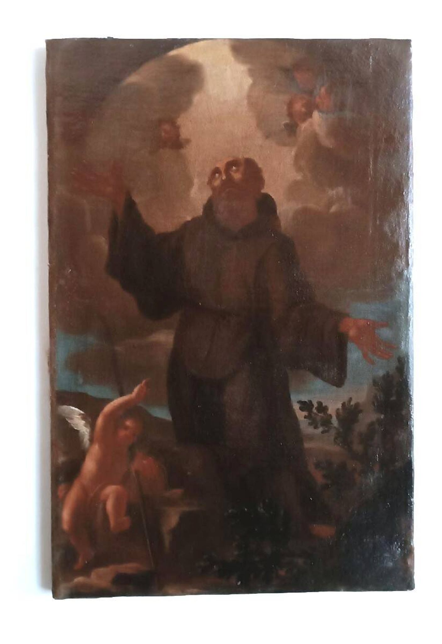 Old Oil Painting on Canvas, Baroque Period, Depicting a Franciscan Saint