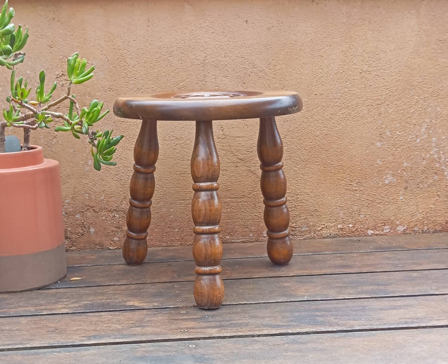 Brutalist tripod wooden stool in Charles Duduyt style.50/60