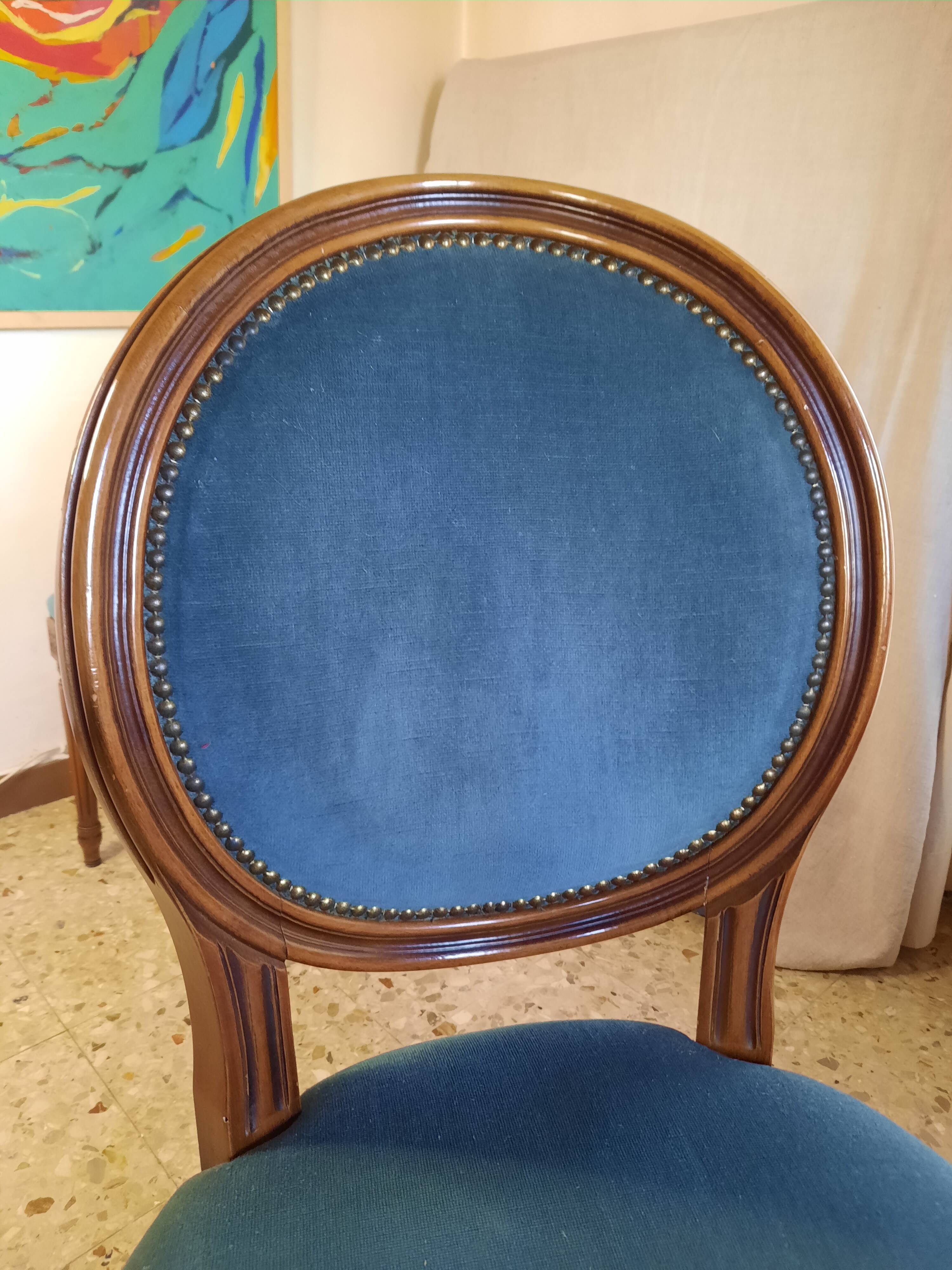 Pair of blue velvet medallion chairs