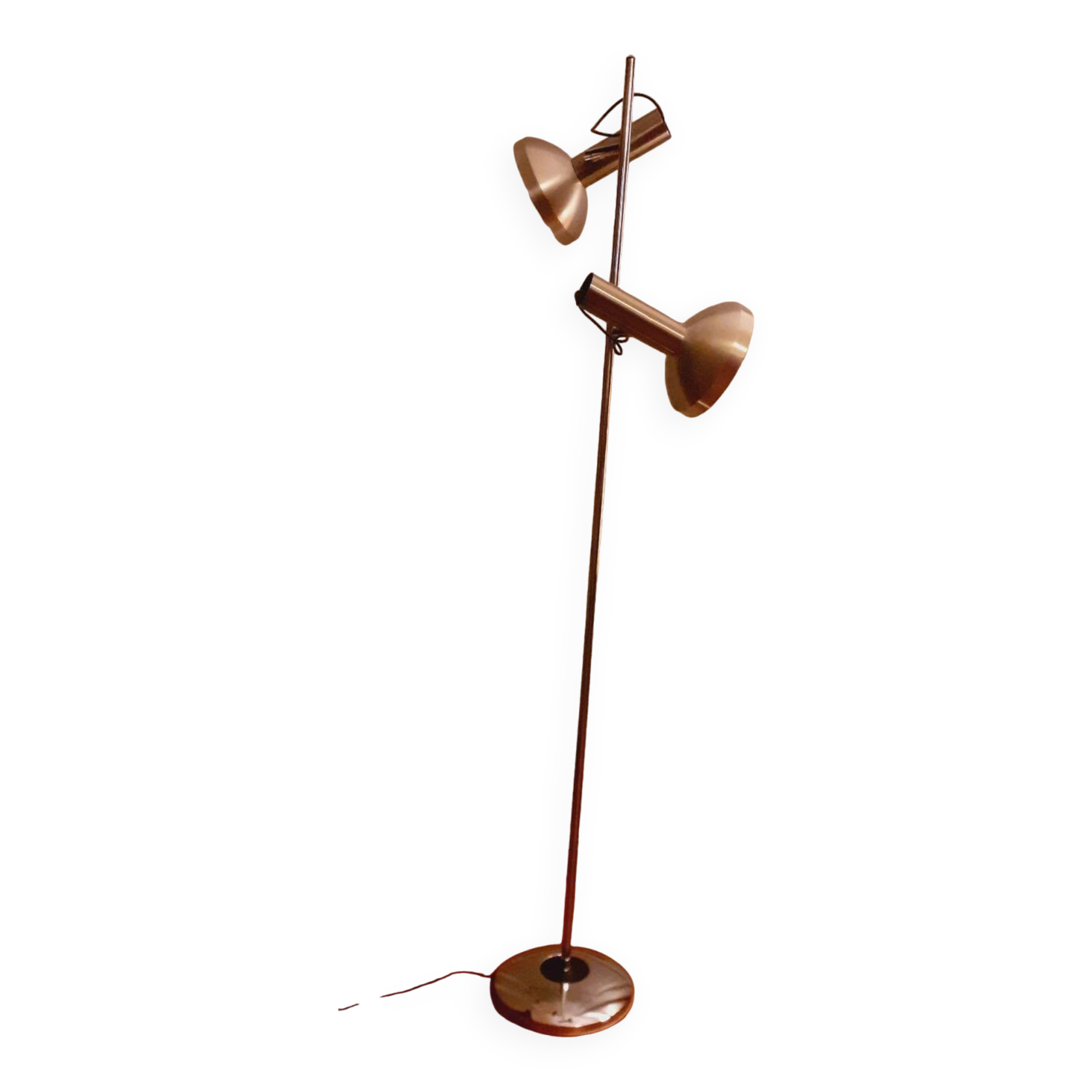 Floor lamp, reading light with two spots from the 70s in chromed metal and brushed aluminum