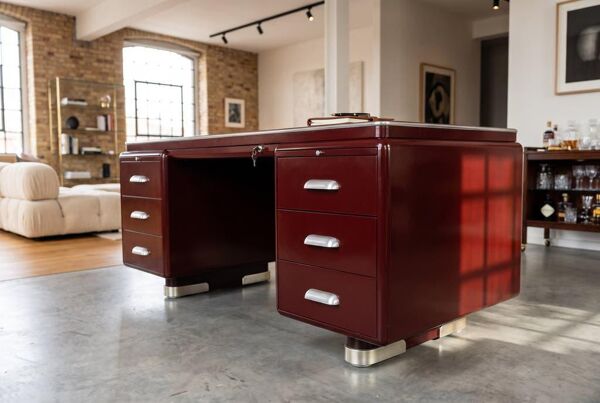 Bureau vintage en métal bordeaux Ahrend / Bureau Oda Prominent