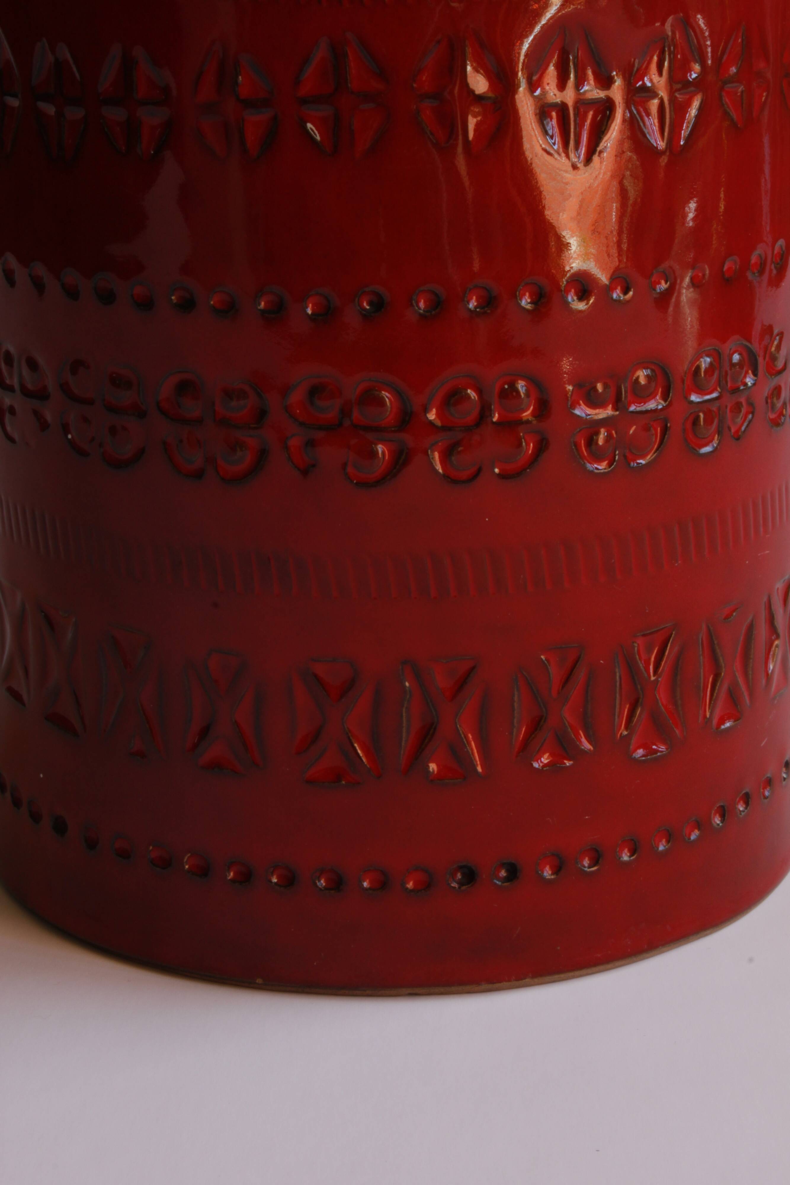 Cylindrical red ceramic vase by Aldo Londi for Bitossi, Italy