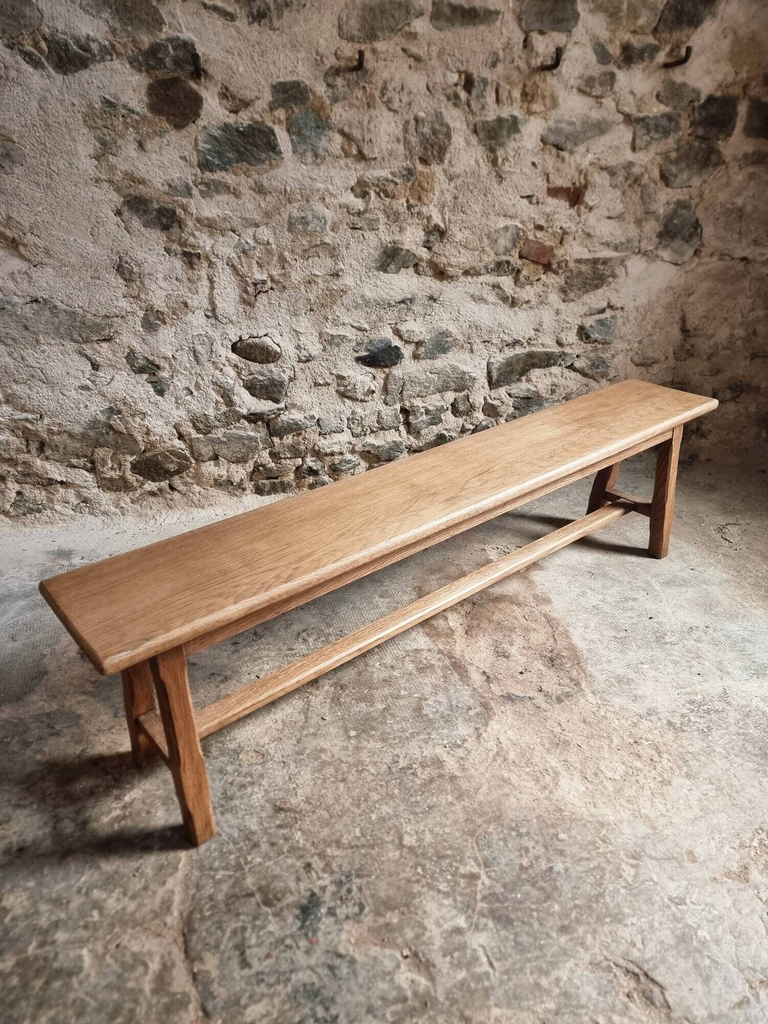 Vintage oak bench, solid wood dining bench, rustic farmhouse bench, French country style, circa 1950–1965.
