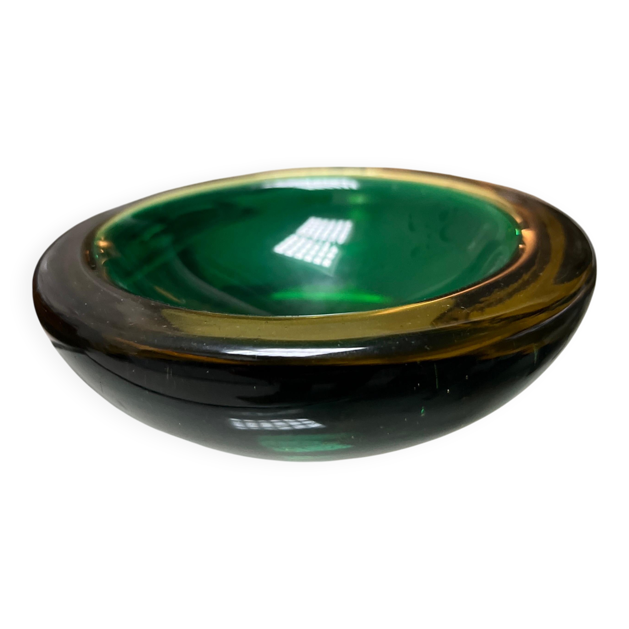 Murano Glass Bowl in Emerald Green and Yellow, Italy, 1965