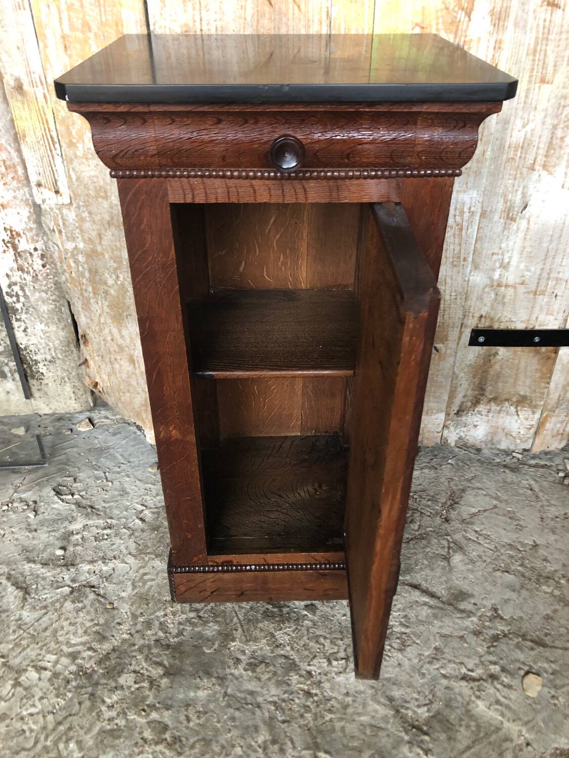 Bedside night table 19th century wood row of beads + black marble top #a637