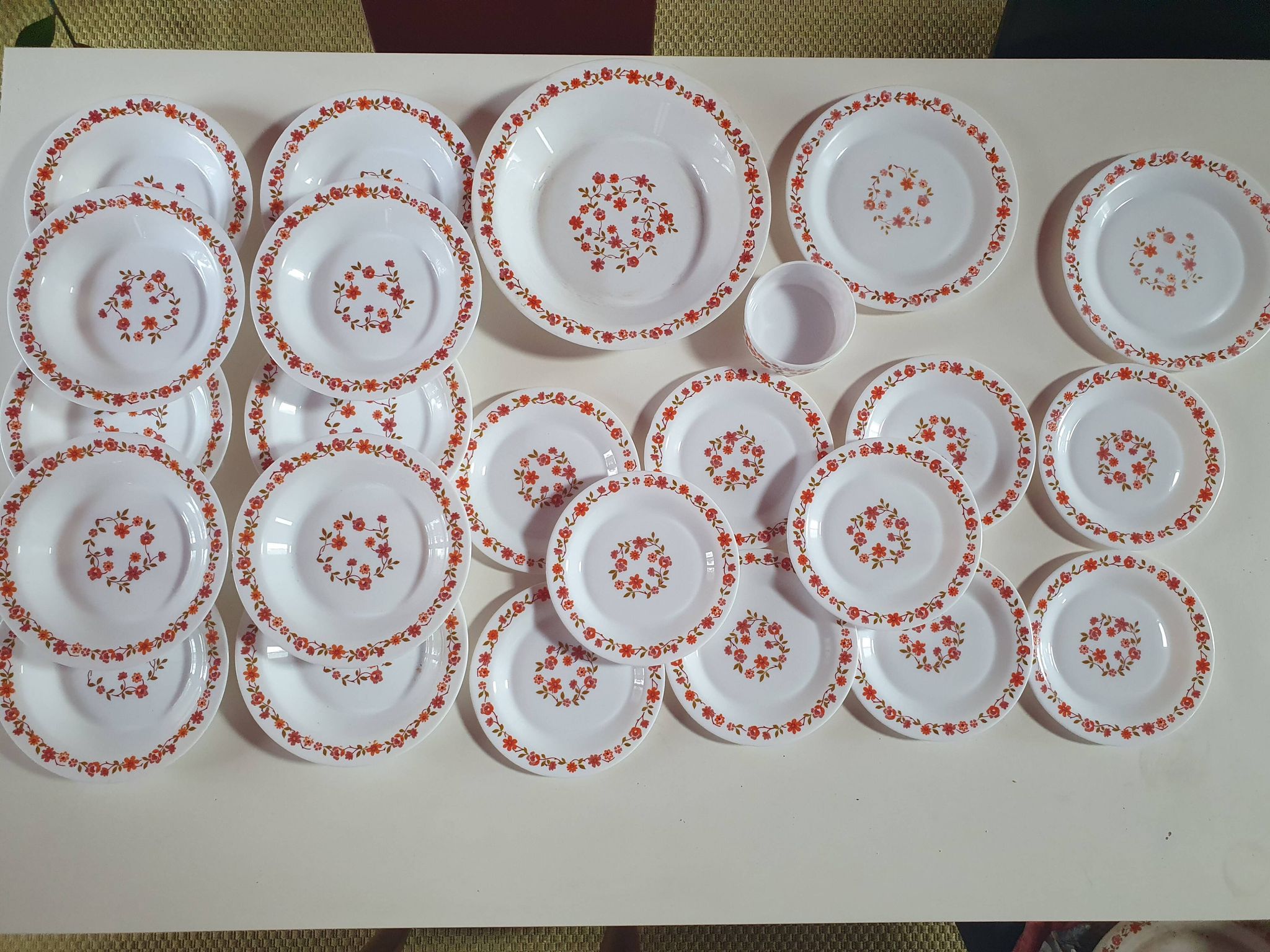 lot of arcopal scania dishes with small orange flowers flat plate, hollow dessert dish, one dish..
