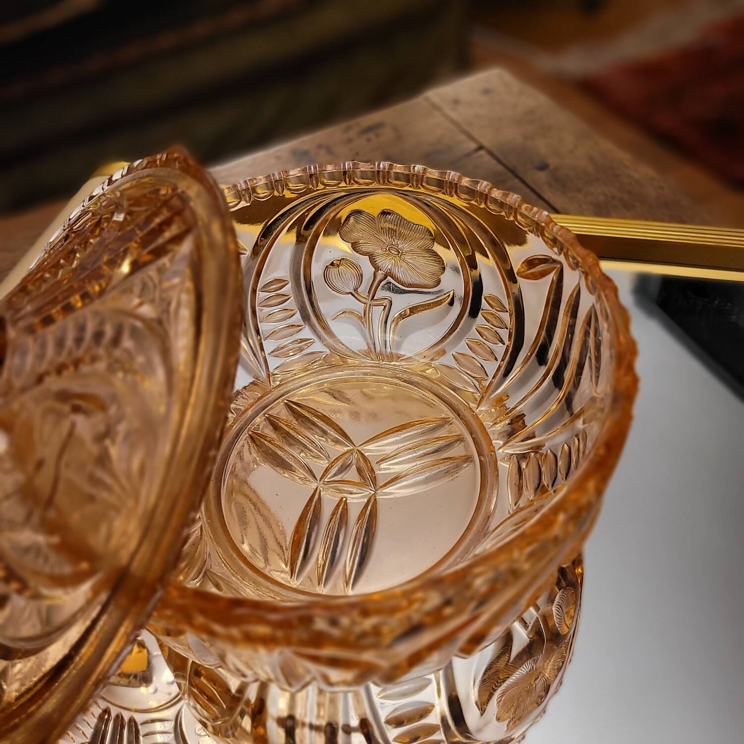Cut amber glass candy dish – France, 1950s