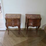 Pair of 2 Louis XV bedside tables - marquetry - 2 drawers - pink marble