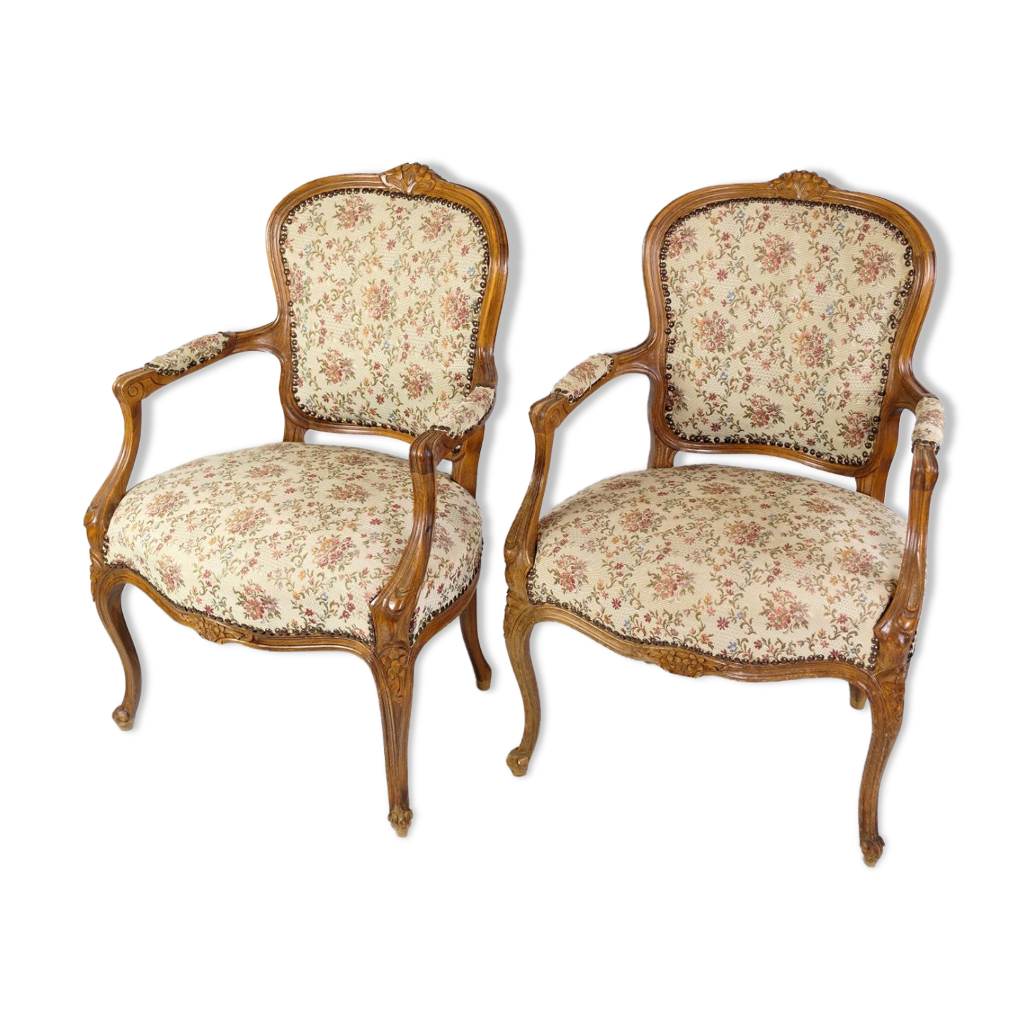 Pair of Neo-Rococo Armchairs with Decorated Fabric in Light Wood
