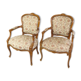 Pair of Neo-Rococo Armchairs with Decorated Fabric in Light Wood
