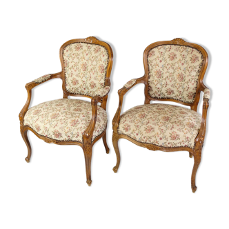 Pair of Neo-Rococo Armchairs with Decorated Fabric in Light Wood