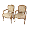 Pair of Neo-Rococo Armchairs with Decorated Fabric in Light Wood