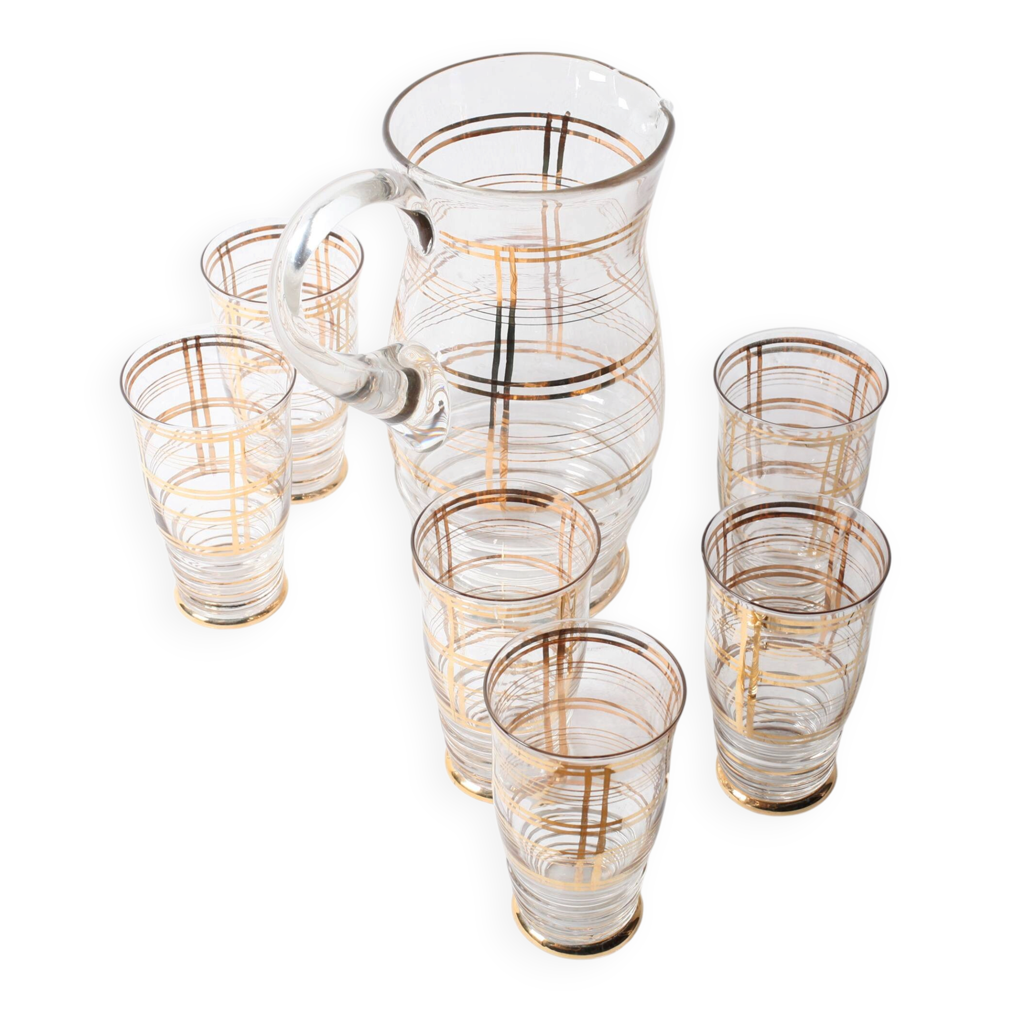 Mid-Century Italian Glass Pitcher & Six Glasses with Golden Details / Italy
