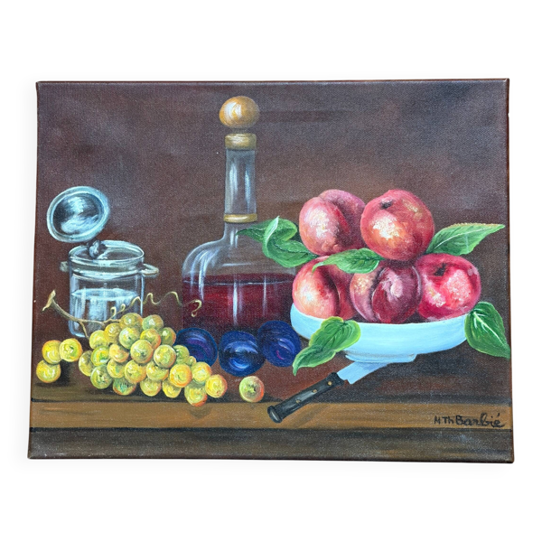 Tableau Nature Morte Pêches & Raisins Huile sur Toile Signé M.TH. Barbié