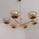 6-light chandelier by Italian designer Gaetano Sciolari gilded with fine gold and iridescent and light amber glass - 1970s - Vintage