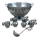 French pewter punch bowl set with 10 cups and ladle – grapevine Etain