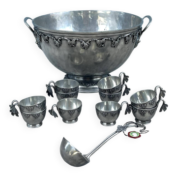 Ensemble de bol à punch en étain français avec 10 tasses et une louche – vigne