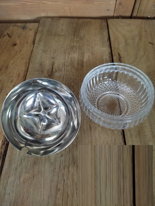 English sugar bowl in molded glass and metal