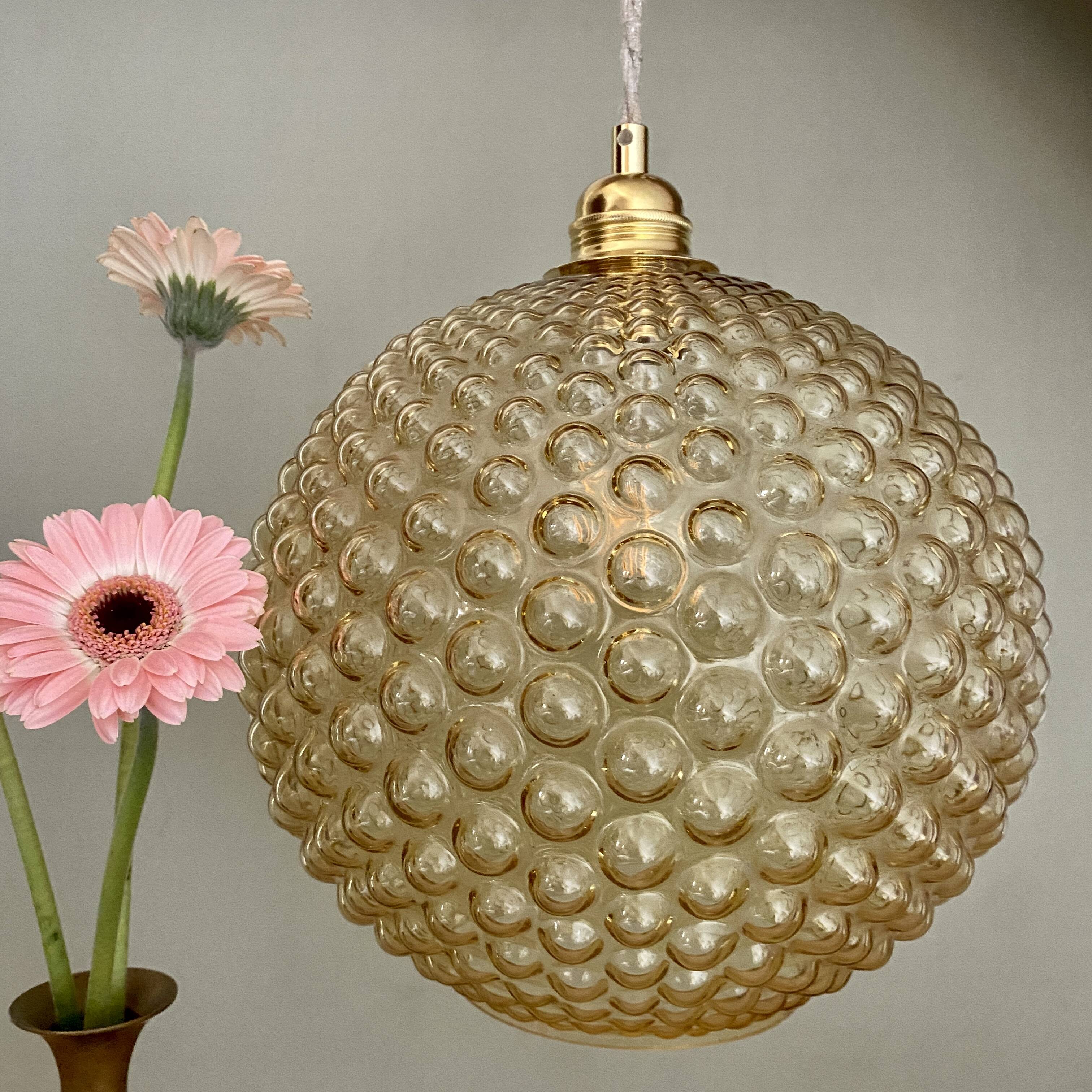 XXL vintage bubbled amber glass globe pendant light