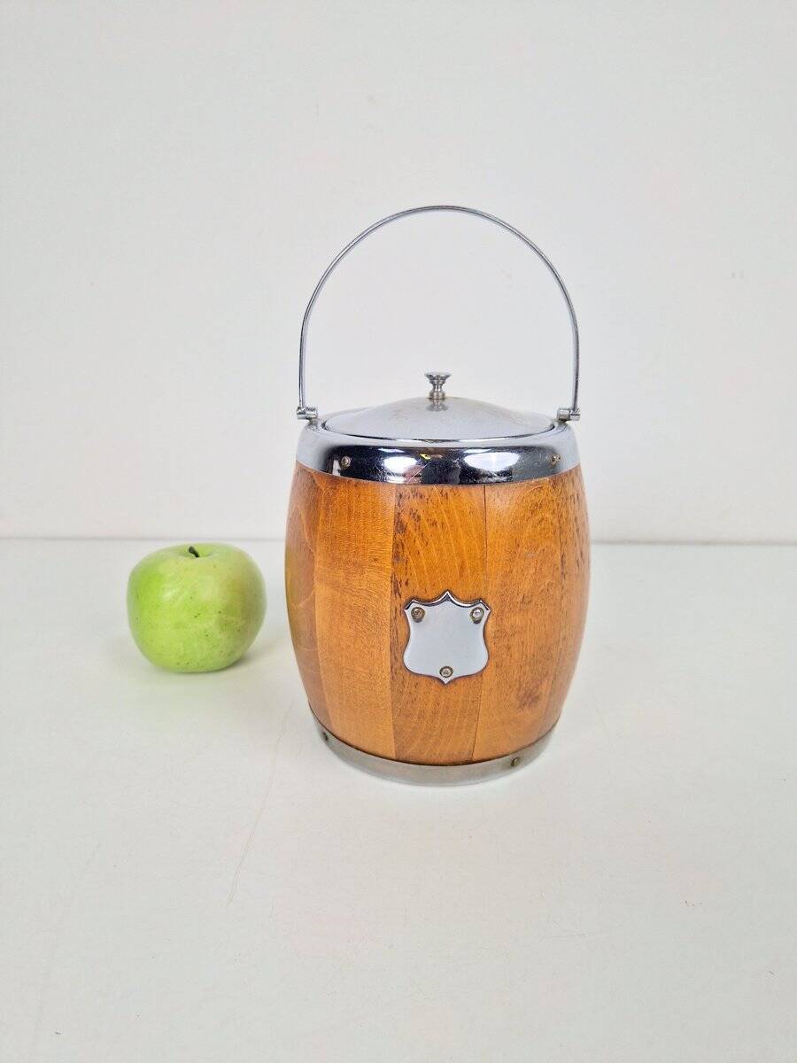 Vintage Wooden Barrel Ice Bucket with Ceramic Interior, 1960s