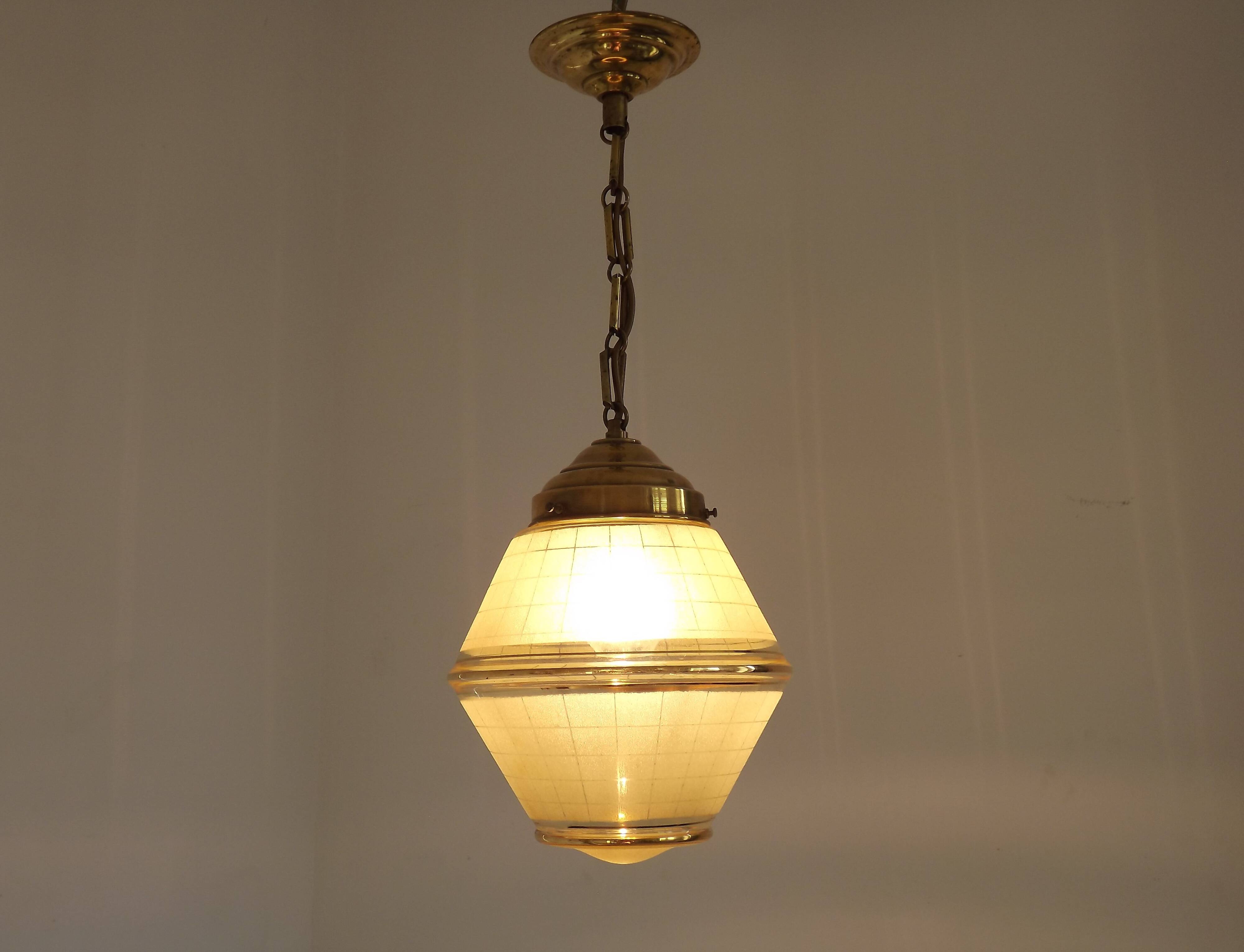Art Deco ceiling light in yellow and gold glass and brass, France