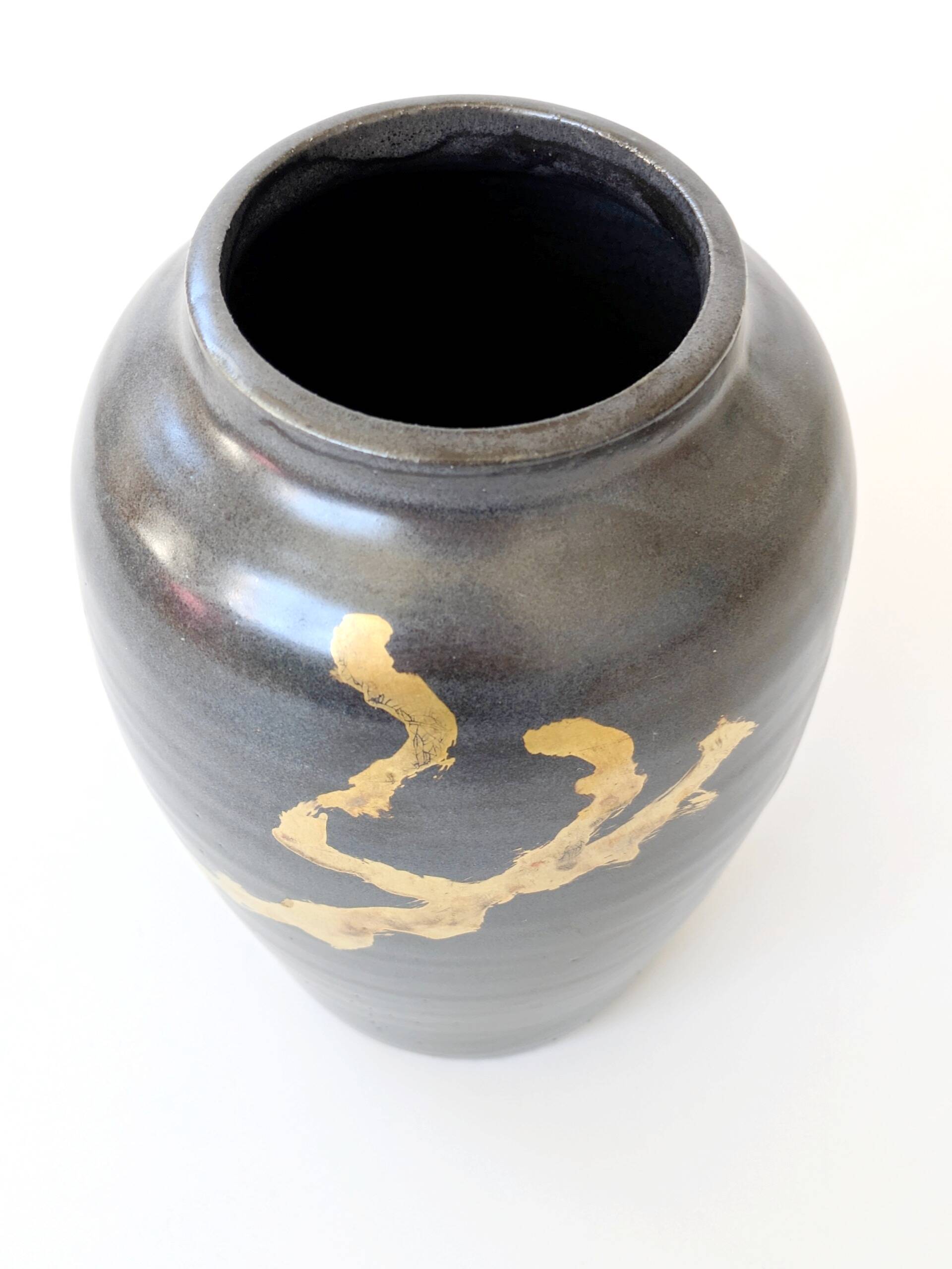 Vintage ceramic vase, black and gold, Japandi style