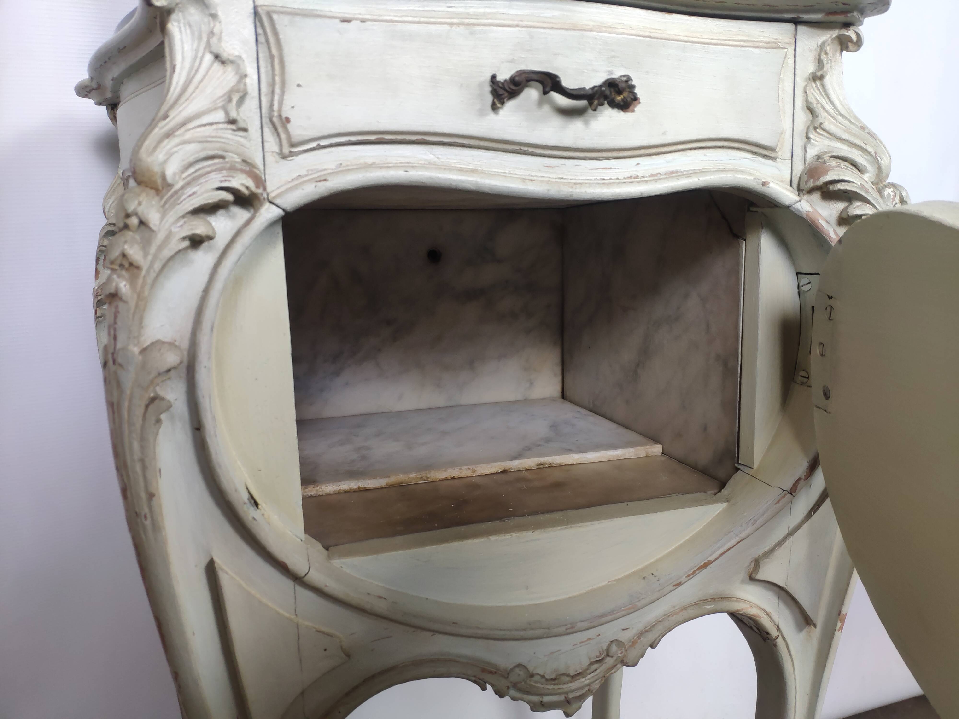 Louis XV white rock bedside pair