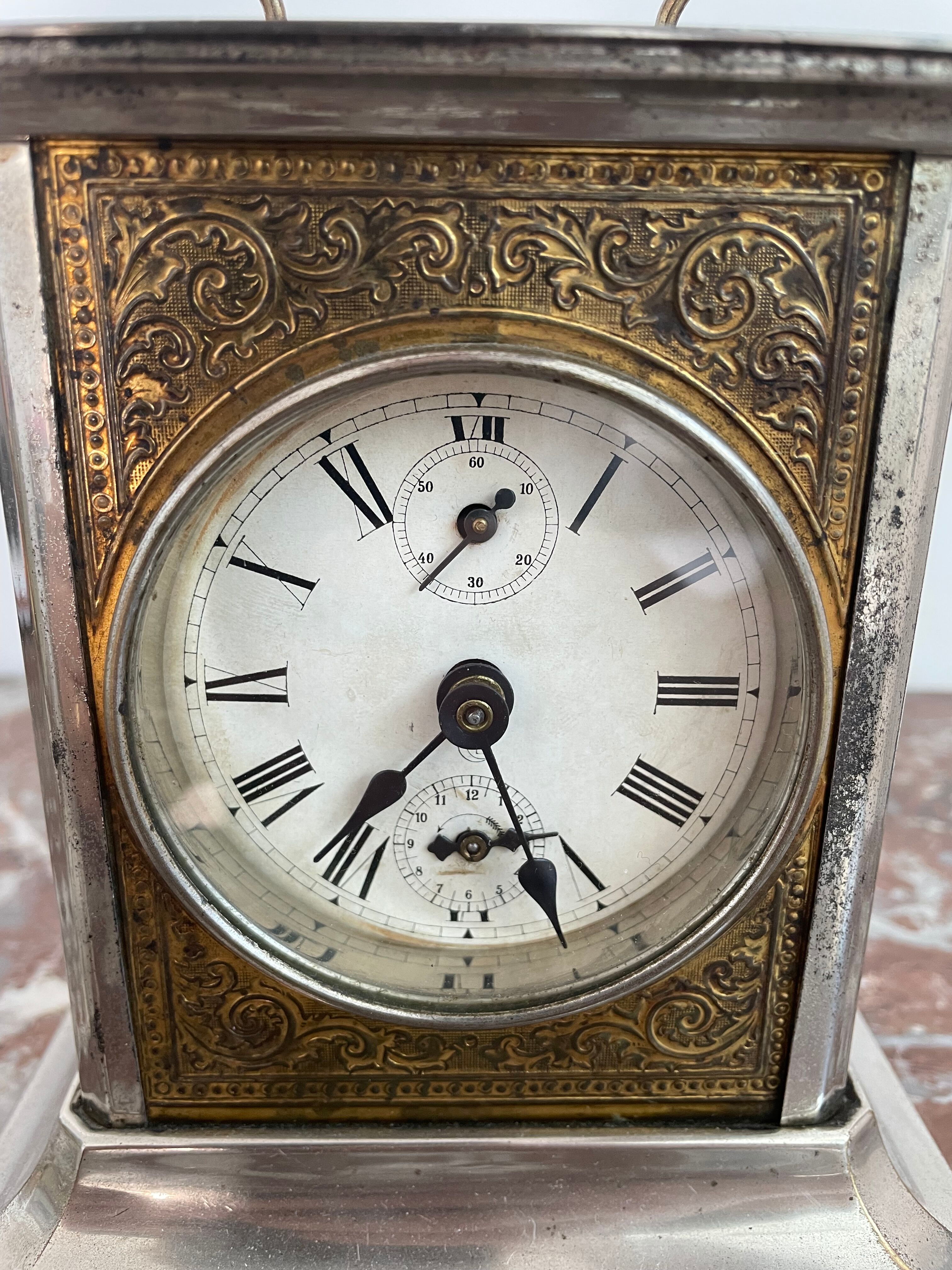 Horloge, pendule d'officier, laiton, pendule voyage, réveil, cadran, vitres latérales, restaurée