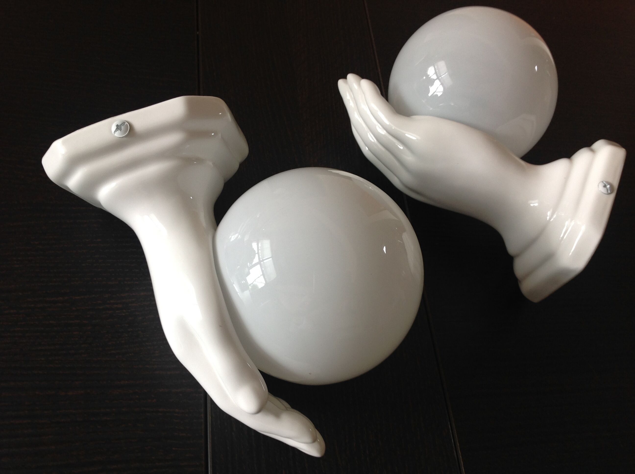 Pair of hand ceramic and opaline wall lamps vintage