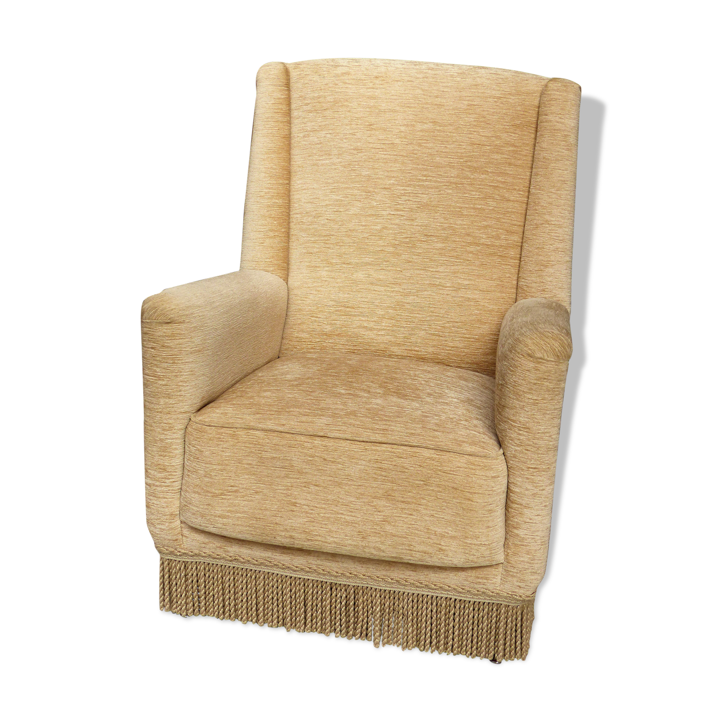 Fauteuil en velour beige et franges