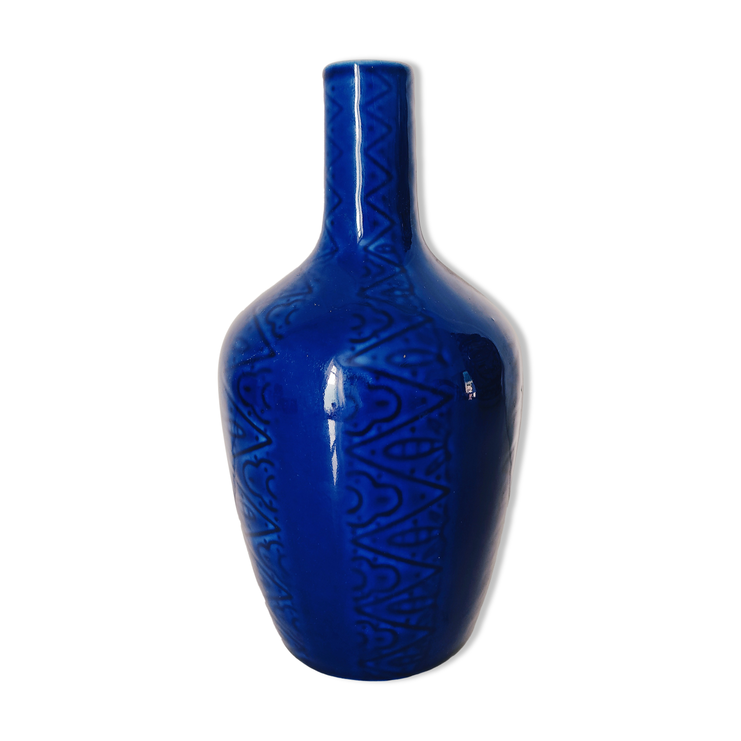 Blue vase geometric incised decoration