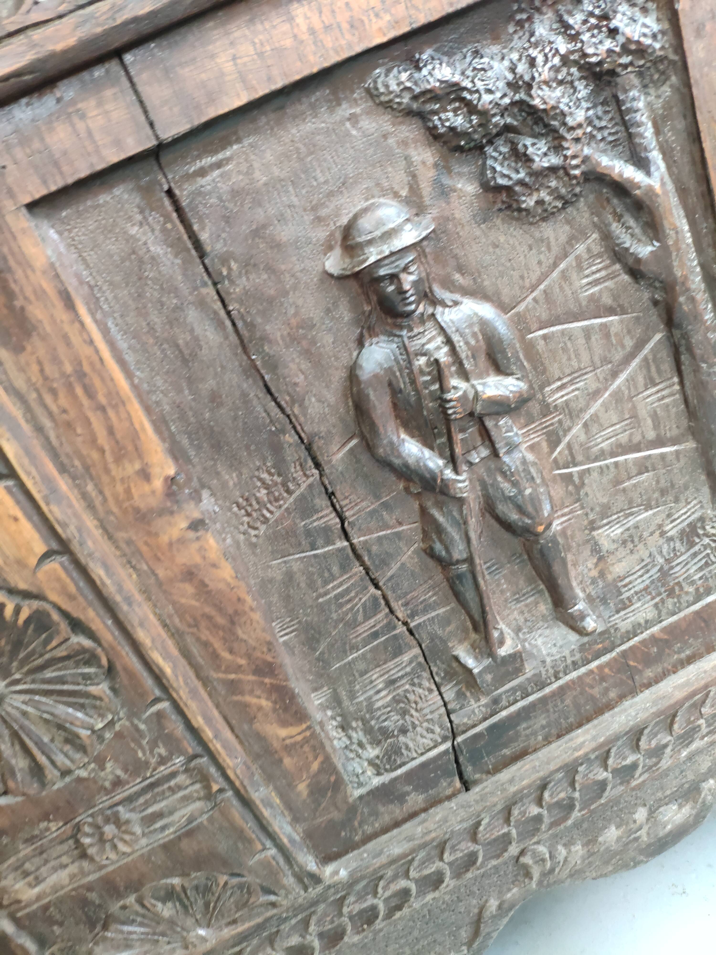 Old storage chest oak carved traditional scene