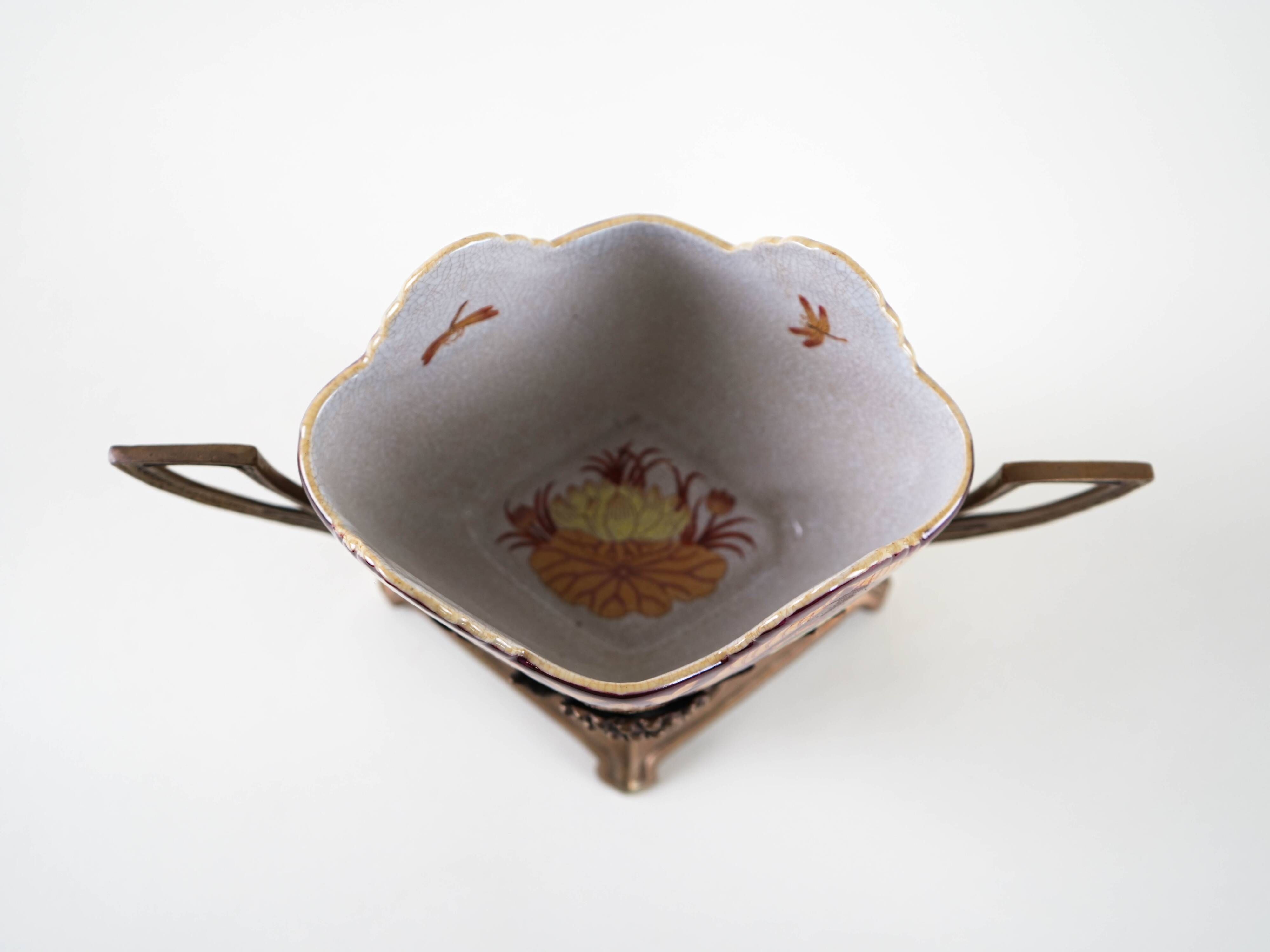 Art Nouveau ceramic platter in gilded basket with grapevine motif, Europe