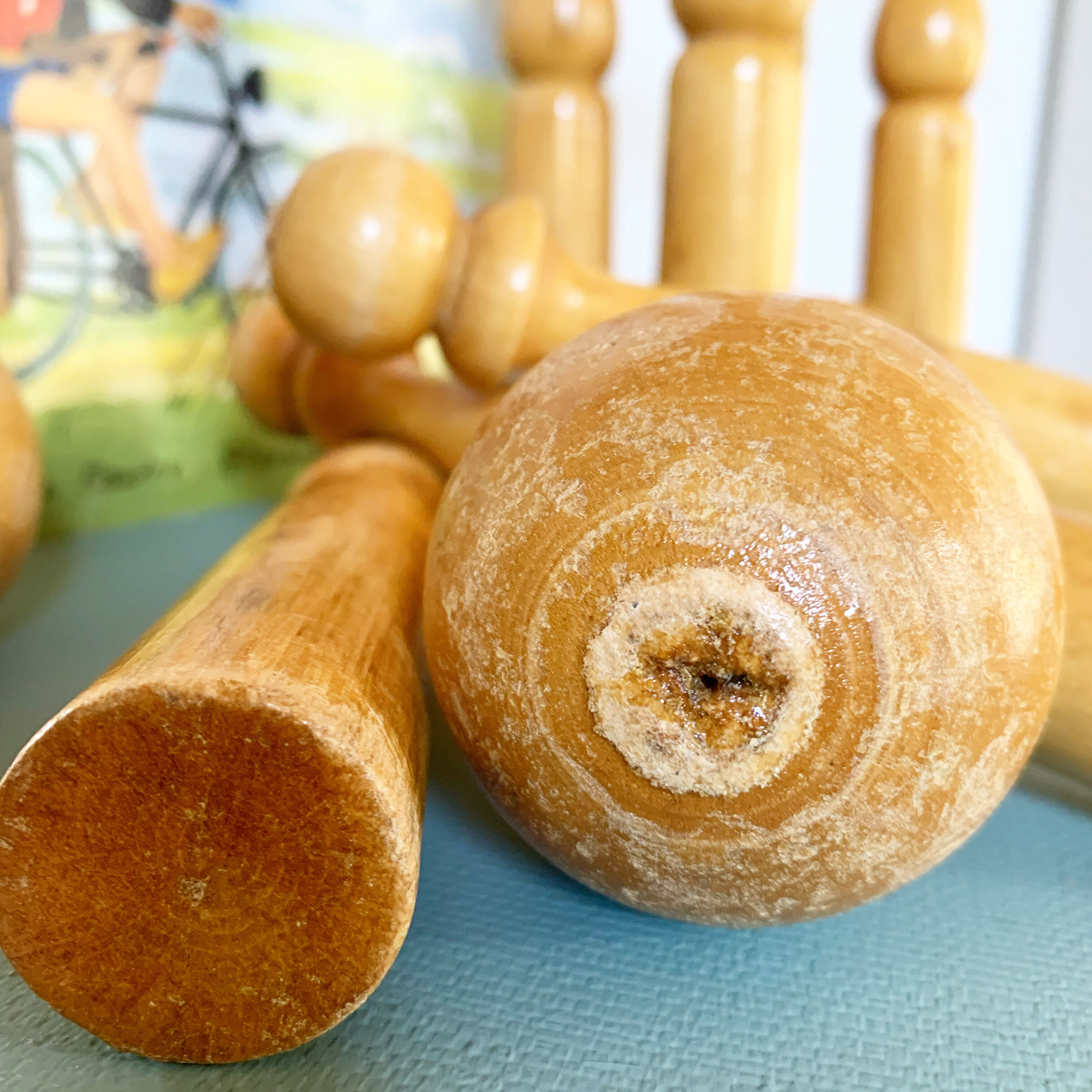 Set of 7 vintage wooden skittles and two balls