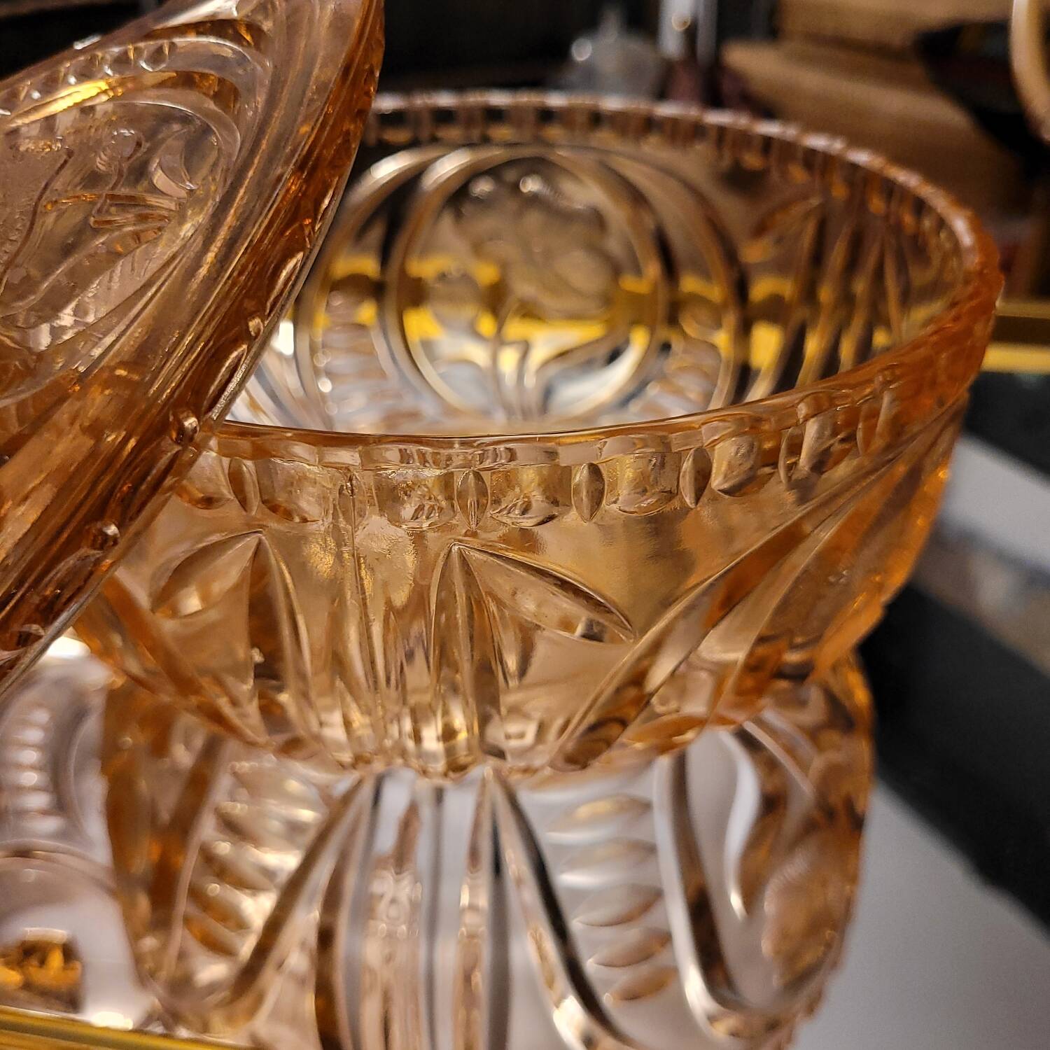 Cut amber glass candy dish – France, 1950s