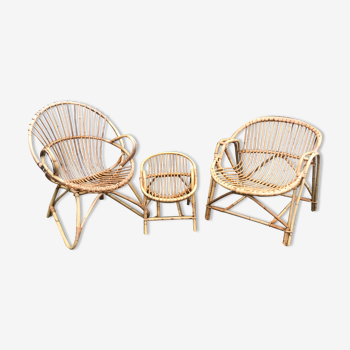 Ensemble 3 fauteuils rotin et bambou vintage