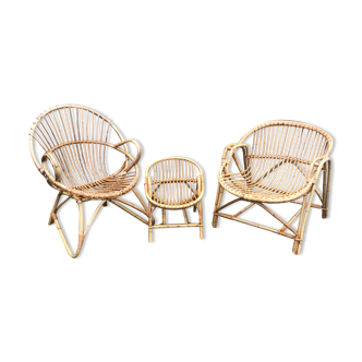 Rattan and vintage bamboo set 3 chairs