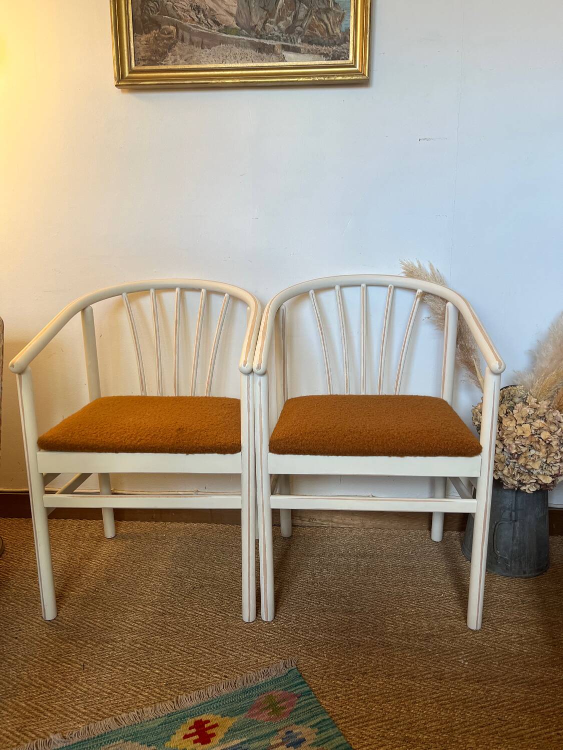 Pair of vintage wood and loop wool armchairs