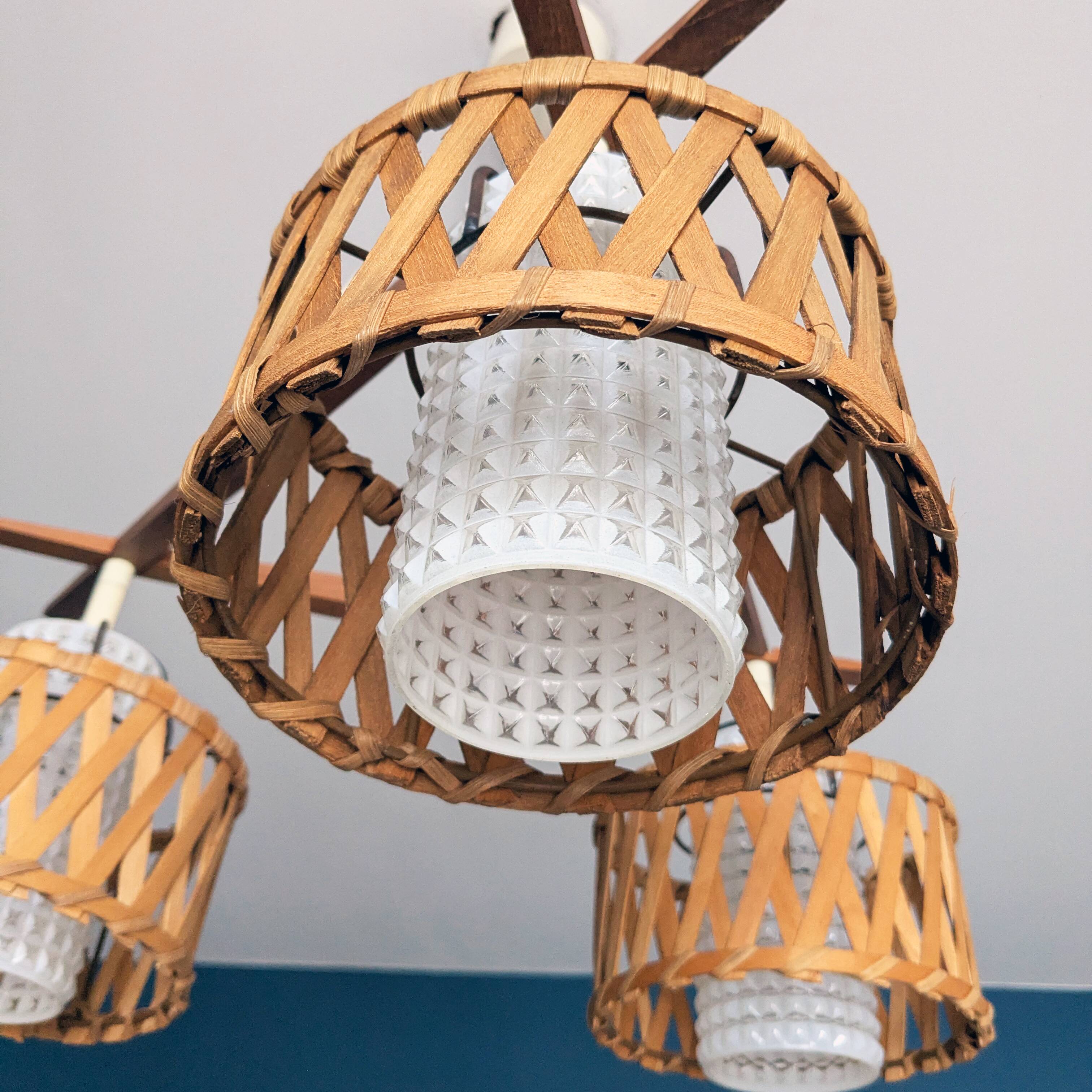 Suspension in teak and rattan, Doria Leuchten from the 1950s.